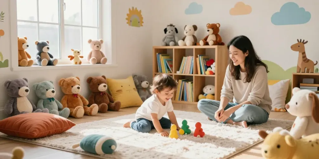 Niño jugando con peluches online en una acogedora sala de juegos, rodeado de colores.