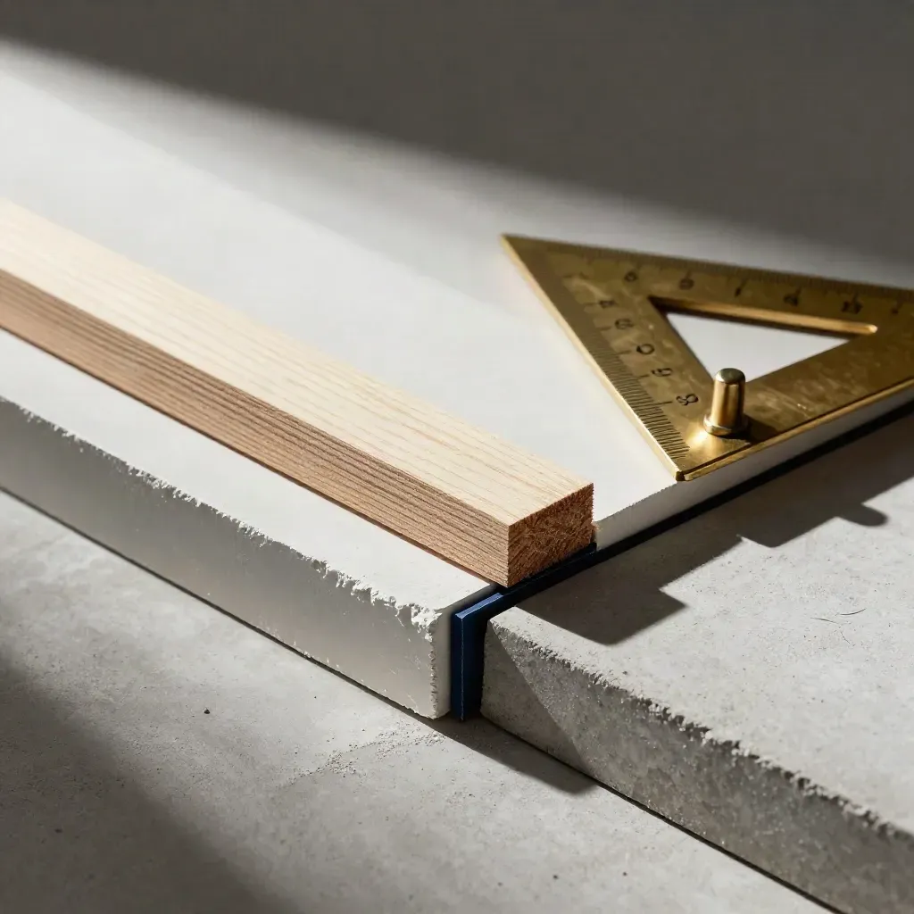 Materiales de maqueta arquitectónica sobre hormigón claro, con polvo de yeso y detalles en latón.