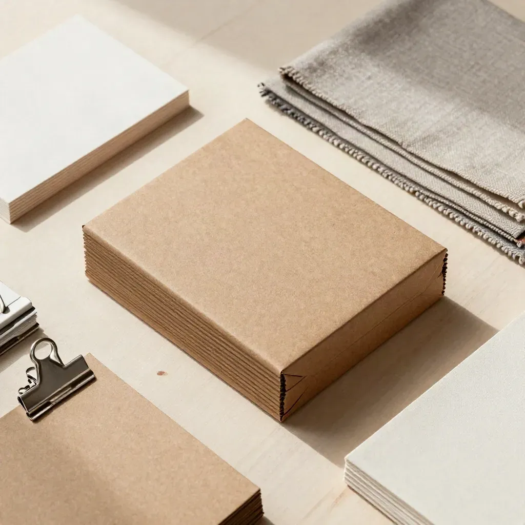 Flatlay de cajas kraft, clips de acero y muestrarios textiles sobre madera clara, luz suave.