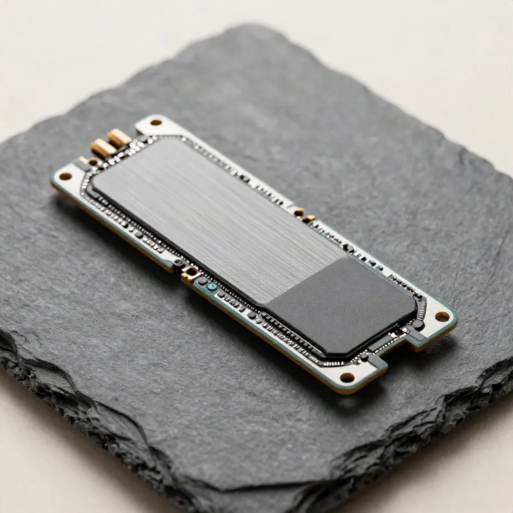 SSD NVMe con disipador gris, tornillos y almohadilla térmica sobre piedra.
