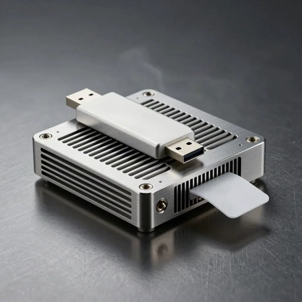 Módulo mini servidor, llave USB e iluminación metálica sobre acero cepillado.