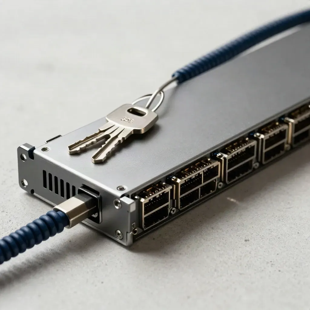 Blade de servidor con cable de fibra y dos llaves de servicio sobre hormigón claro.