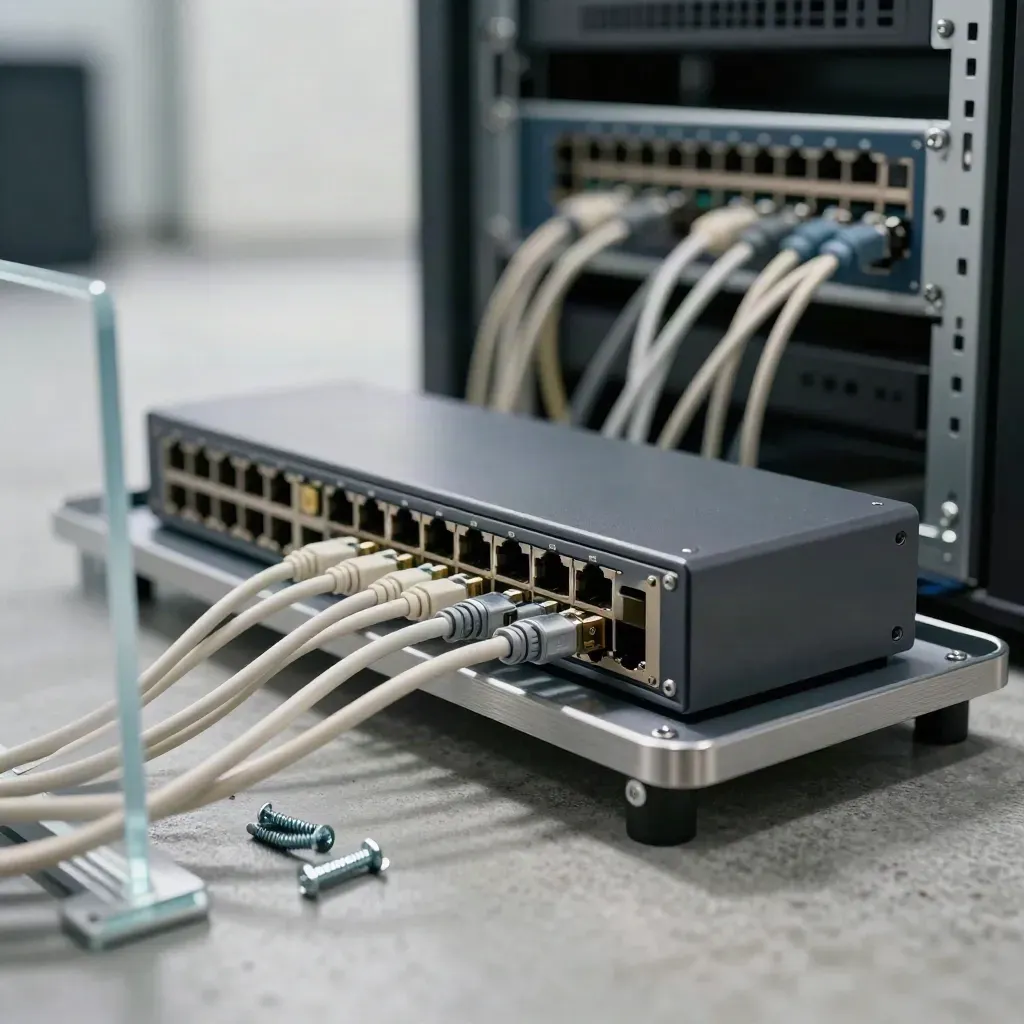 Switch modular y cables de red junto a tornillos de rack tras un borde acrílico esmerilado.
