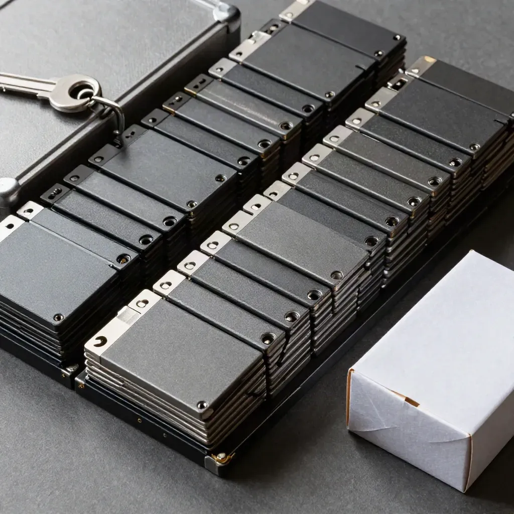 Cartruchos de copia de seguridad, estuche robusto y caja de archivo sobre grafito.