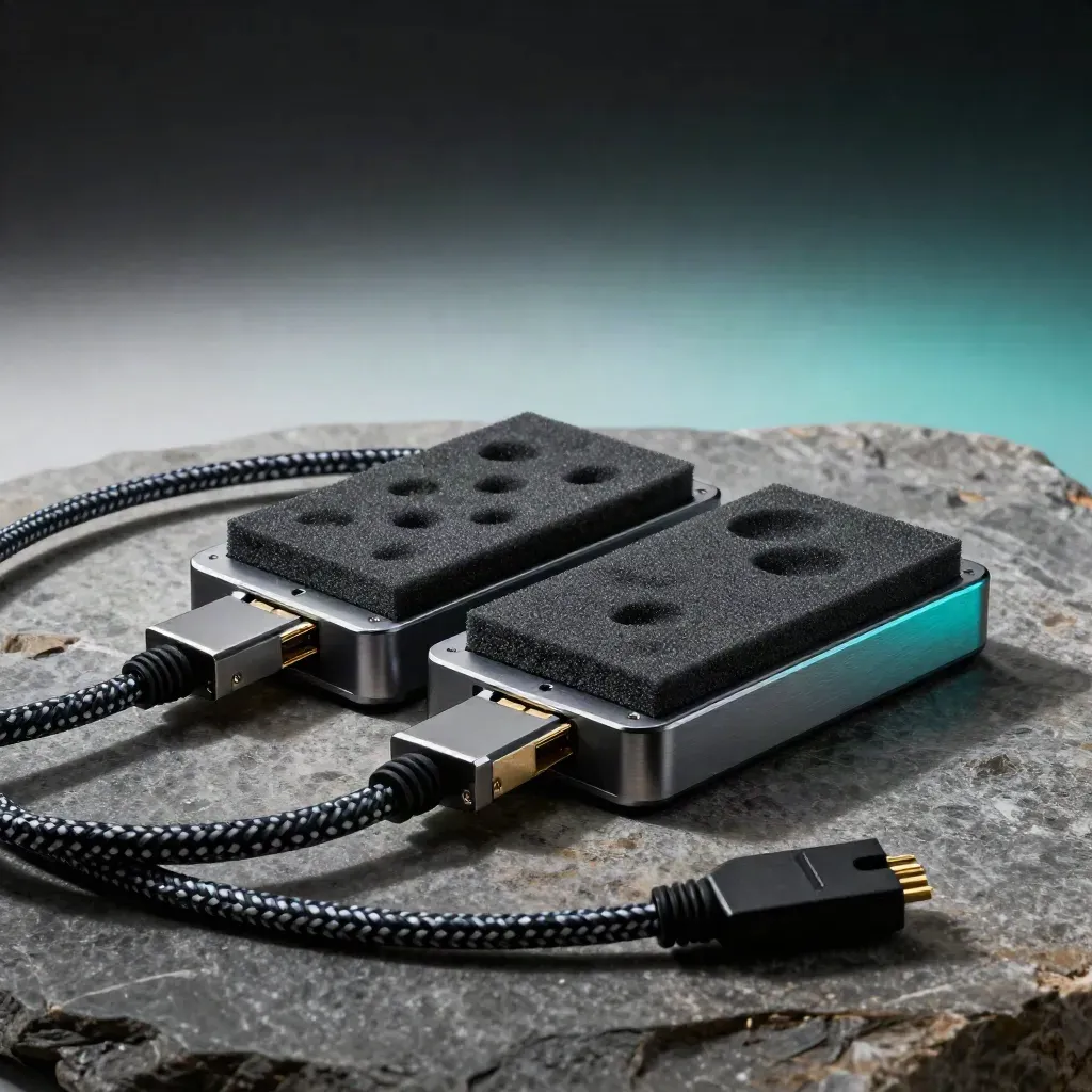 Dos SSD clonados, dock y cable trenzado sobre piedra, con luz dramática.