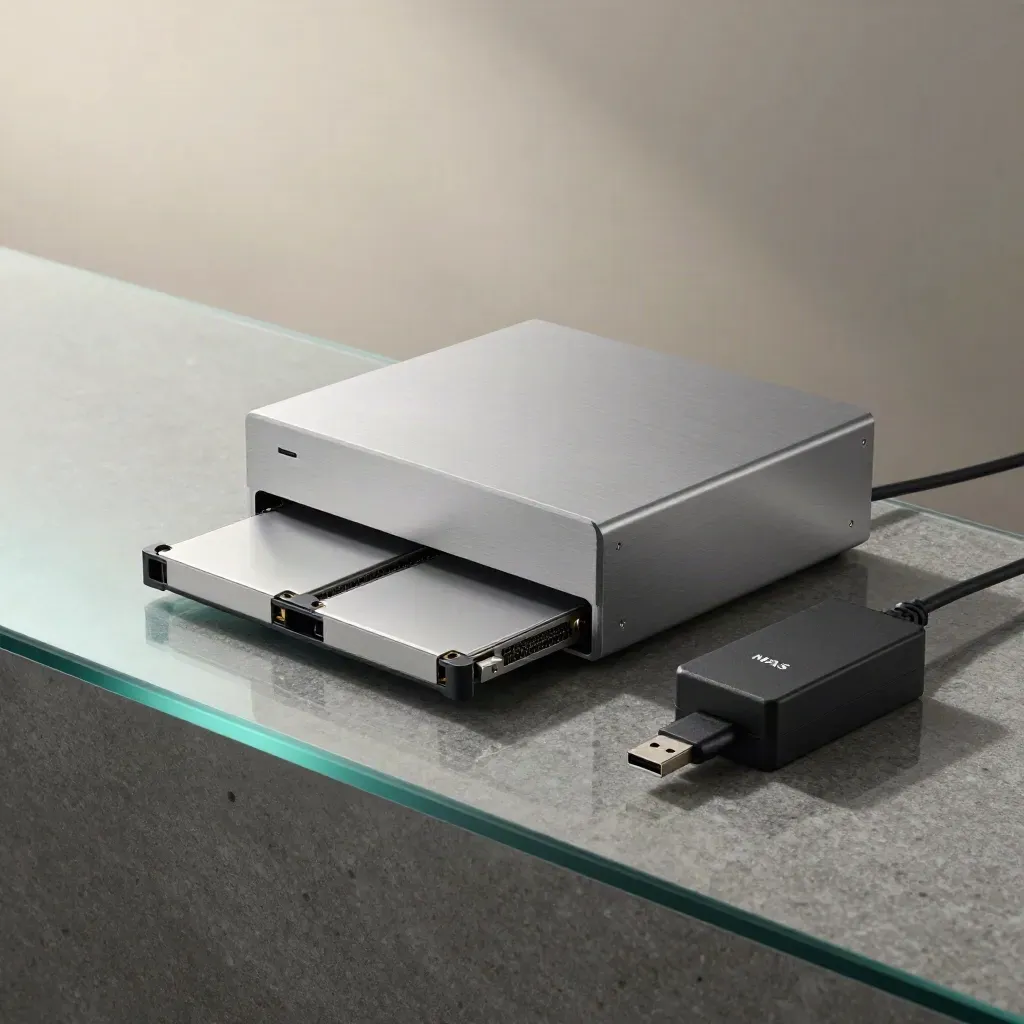 NAS compacto, SSDs, llave USB y fuente sobre piedra, vistos tras un borde de cristal.