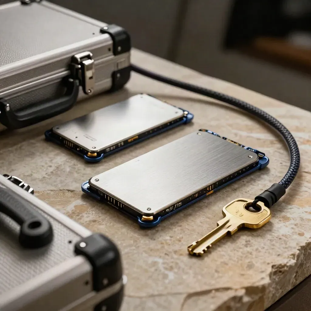 SSD clonados, maletín y cable sobre piedra, iluminación dramática