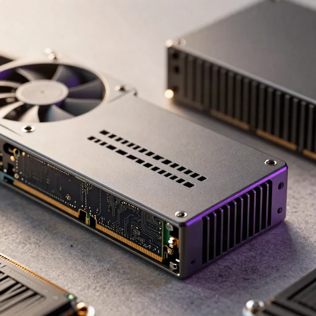Macro de hardware de hosting: módulo servidor, RAM, ventilador y disipador sobre piedra.