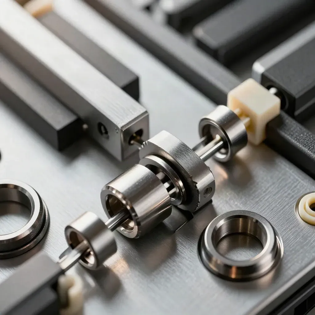 Conectores y anillos metálicos modulares sobre aluminio cepillado, en macro detallado.