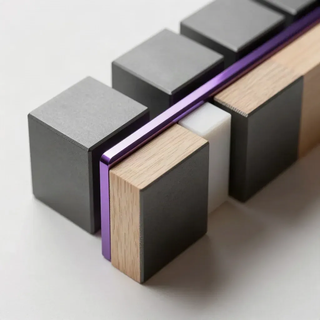 Bloques modulares de grafito y un conector sobre madera clara, en luz suave