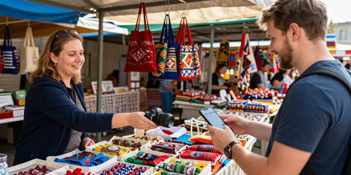 Turista usando https://payinrussia.com/ para comprar en un mercado local en Rusia.